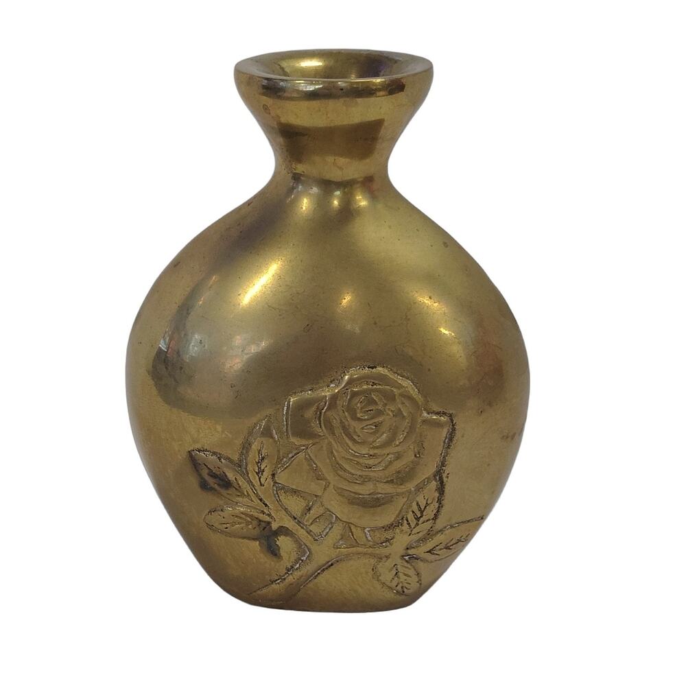Vintage Brass Vase Oval Etched Floral Traditional Gold Metal Flower Decor Korea